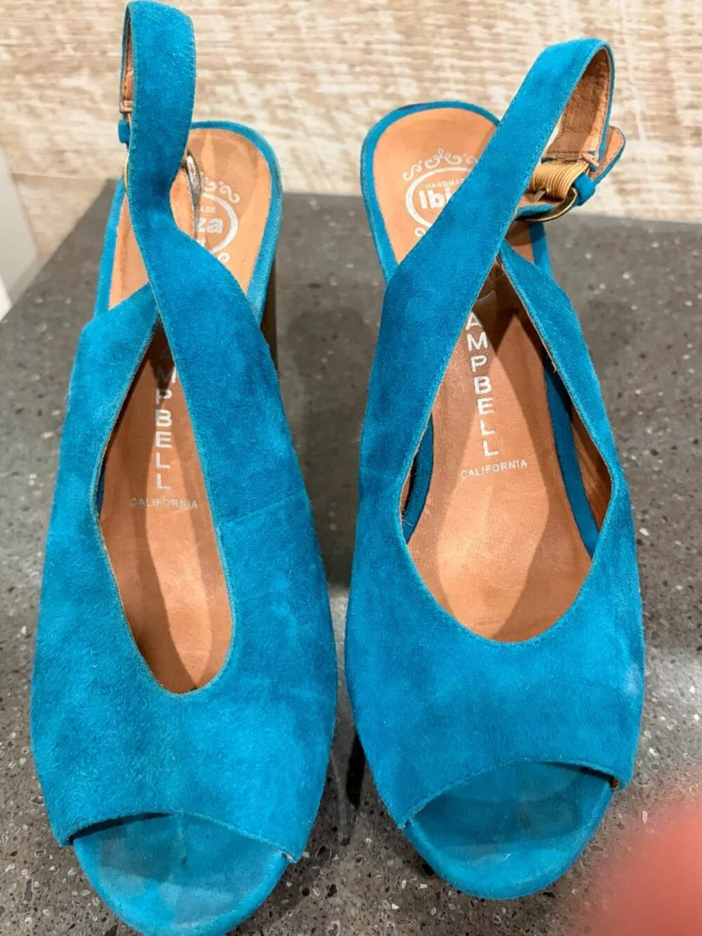 Jeffrey Campbell Ibiza Friend Blue Suede Wrapped Platform Natural Wood Heel Sz 8